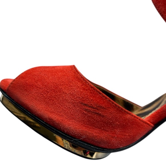 Roberto Cavalli Red/Orange Suede Stiletto Heels Gold Snake Head Italy Size 7 - Picture 9 of 11
